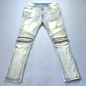 SMOKE RISE Distressed Moto Jeans 38x34 Slim Fit Light Wash Ripped Designer Denim